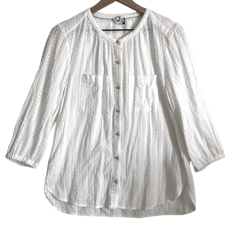 Anthropologie Akemi + Kin Peasant Sleeve Swiss Dot Textured Button Up Blouse Top